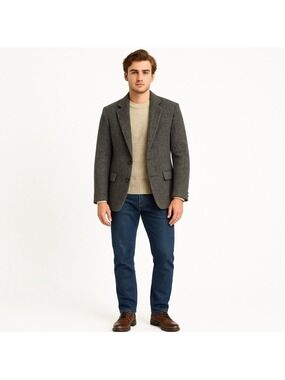 Vintage 1980s Harris Tweed Blazer Charcoal Gray Herringbone Wool Jacket Men 40R